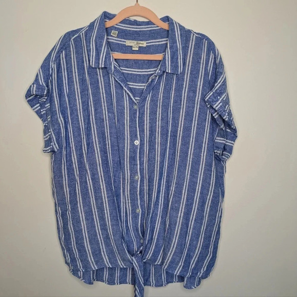 Jach's Girlfriend New York Linen Blend Nautical Striped  Tie Front Button Up - Picture 2 of 10